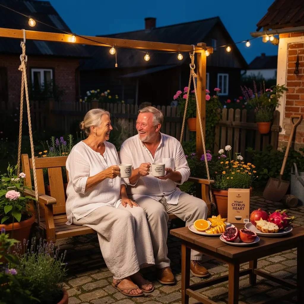 Širdies formos arbatos puodelis su šviežiais vaisiais, simbolizuojantis sveikatą.
