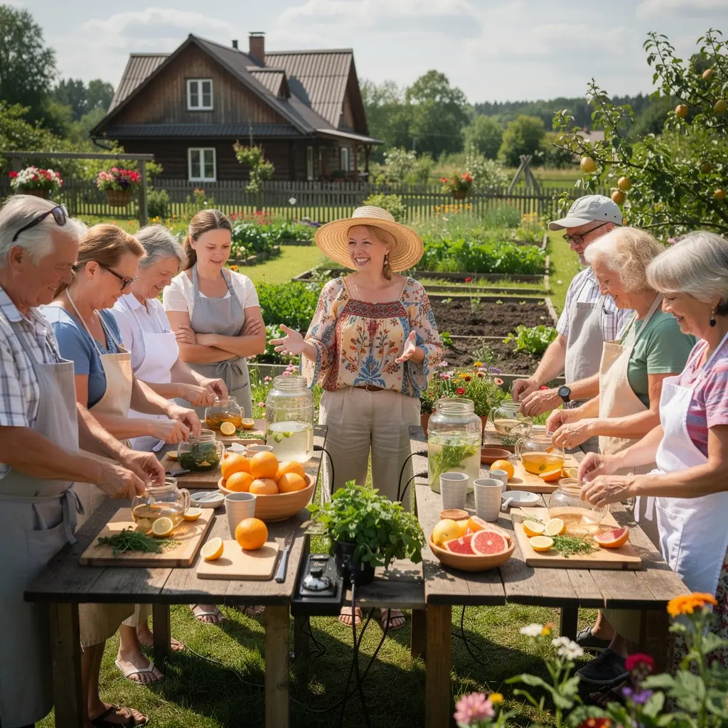 Sparnuotų citrusinių širdies arbatos puodelis su egzotiniais vaisiais.